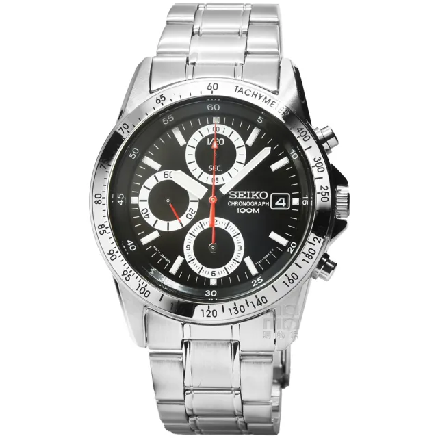 【SEIKO 精工】精工三眼計時賽車鋼帶錶 -黑(SND371P1) 雙11