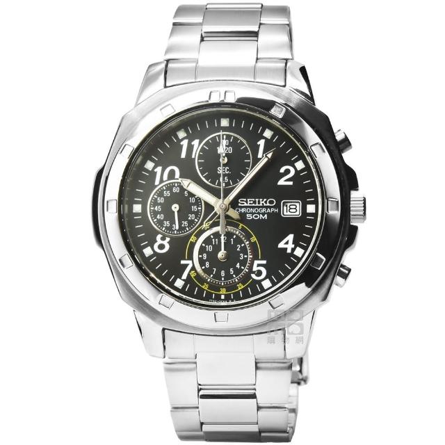 【SEIKO 精工】精工三眼計時鋼帶錶-黑(SND195P1)