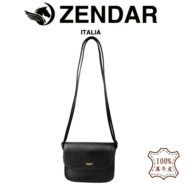 【ZENDAR】頂級NAPPA小牛皮拉鍊斜背包肩背包 露西系列(黑色)