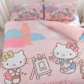 【戀家小舖】MIT卡通正版授權 50%天絲床包枕套組-Hello Kitty 風景繪(單人)