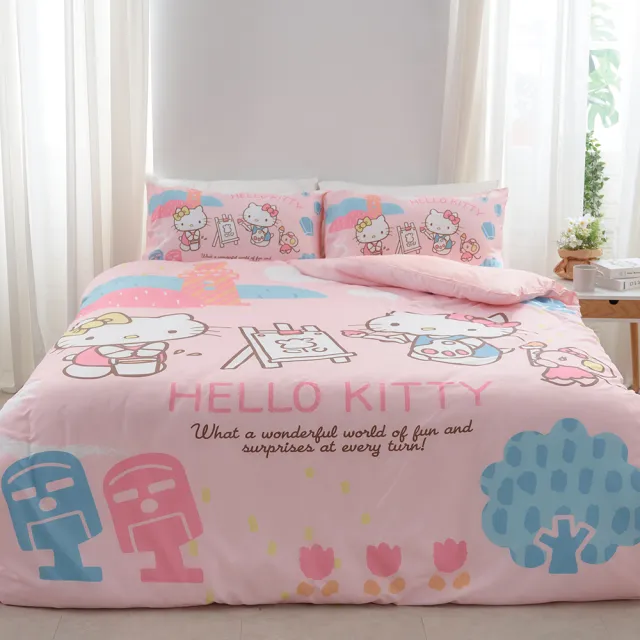【戀家小舖】MIT卡通正版授權55%天絲床包枕套組-Hello Kitty 風景繪(單人)