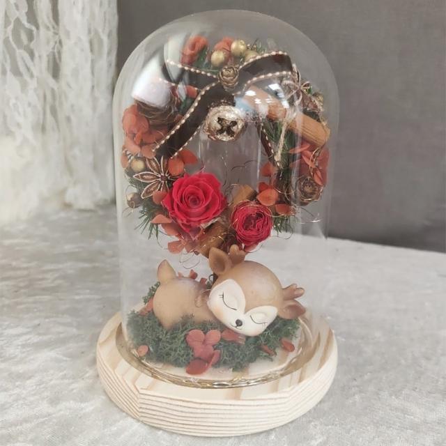 【OSTARA FLORIST 奧斯塔拉花藝】麋鹿永生花罩盅(永生玫瑰花、永生配材、聖誕節)