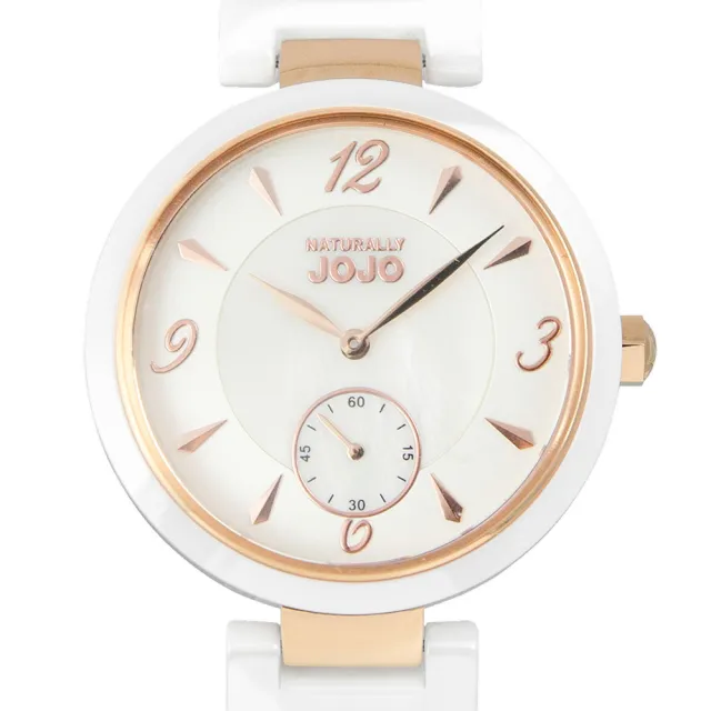 【NATURALLY JOJO】精緻小秒針陶瓷時尚腕錶-JO96986-81R(白色珍珠貝/38mm)