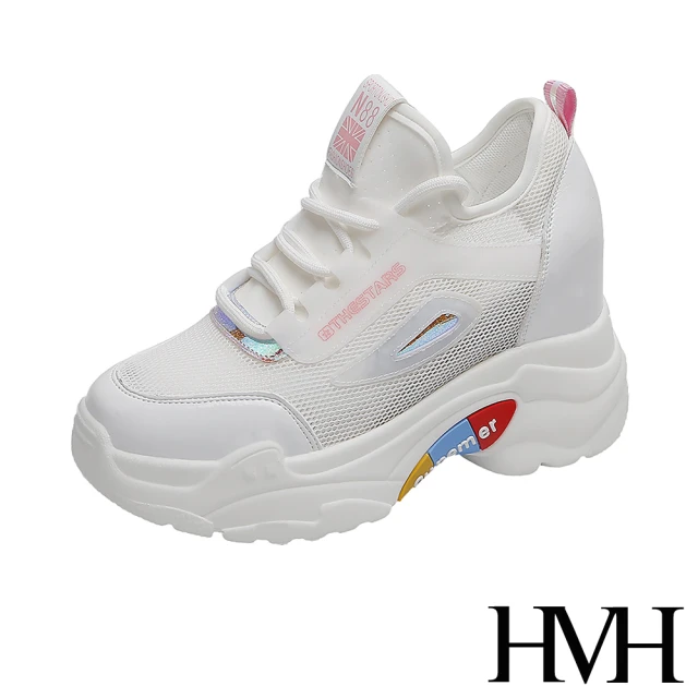 【HMH】時尚透氣網面潮流拼接造型厚底內增高休閒運動鞋(粉)