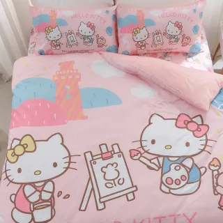 【戀家小舖】50%天絲枕套床包三件組/正版卡通授權-雙人(Hello Kitty 風景繪)