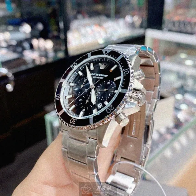 【EMPORIO ARMANI】ARMANI阿曼尼男錶型號AR00014(黑色錶面黑錶殼銀色精鋼錶帶款)