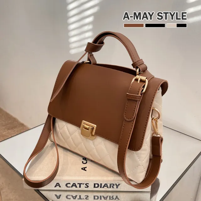 【Amay Style 艾美時尚】現貨女包 側背包 時尚菱格拼色肩背包(3色)
