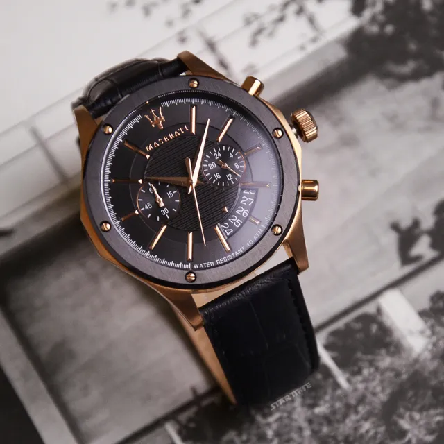 【MASERATI 瑪莎拉蒂】CIRCUITO系列 玫瑰金框 黑面 黑色皮革錶帶 兩眼計時手錶 男錶 情人節(R8871627001)