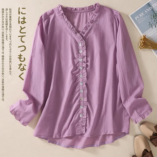 【ACheter】秋裝木耳邊顯瘦寬鬆長袖棉麻襯衫上衣#113532現貨+預購(3色)