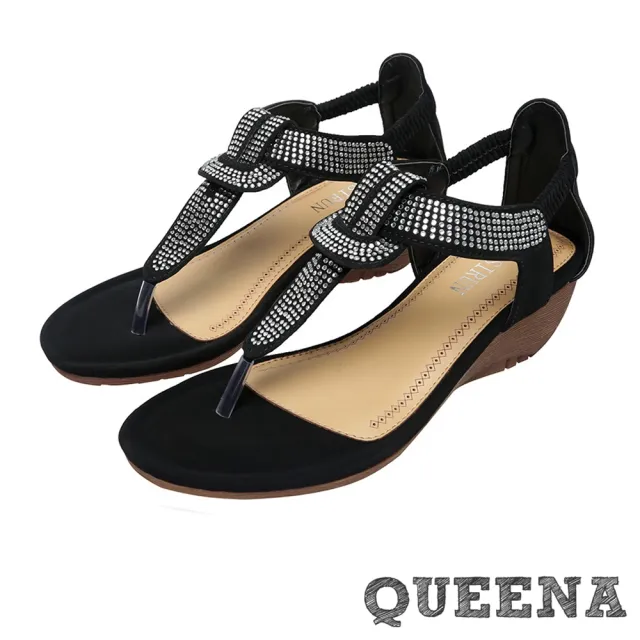 【QUEENA】美鑽繩結燙鑽T字時尚舒適坡跟夾腳涼鞋(黑)