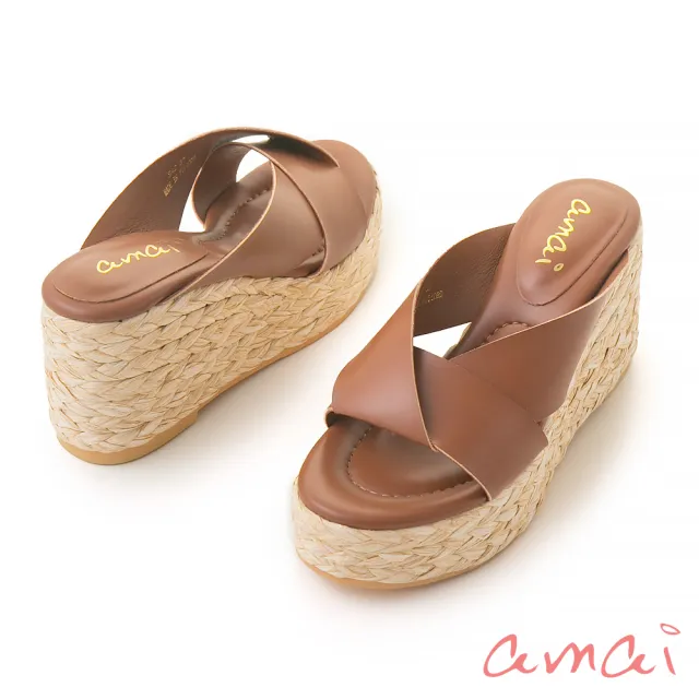 【amai】日系草編厚底楔型涼鞋 楔型拖鞋 坡跟涼鞋 高跟涼鞋 坡跟鞋 楔型鞋 拖鞋 大尺碼 S42CF(棕色)