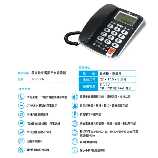 【羅蜜歐】大螢幕來電顯示有線電話機(TC-606N)