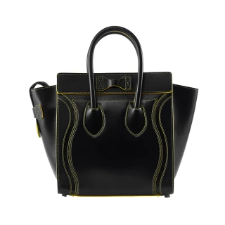 【CELINE】Micro Luggage 小牛皮螢光線飾冏包手提包(黑包黃線)