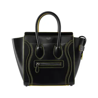 【CELINE】Micro Luggage 小牛皮螢光線飾冏包手提包(黑包黃線)