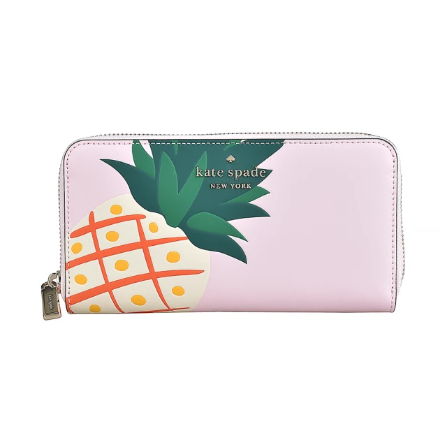 KATE SPADE Kate Spade金字LOGO牛皮鳯梨圖案12卡拉鍊長夾(展示品/櫻花粉x多色)