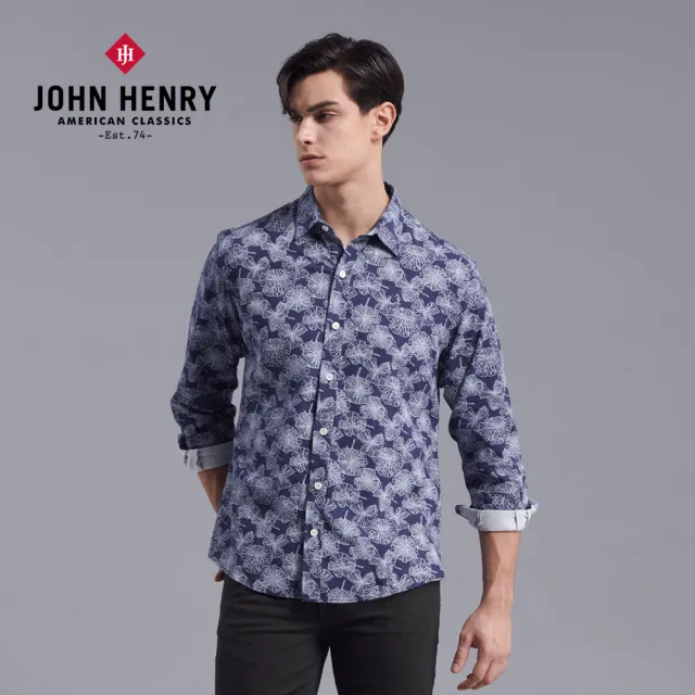 【JOHN HENRY】花卉輪廓線長袖襯衫-藍色