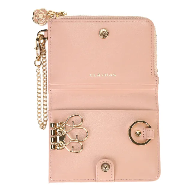 【CLATHAS】山茶花金屬小花裝飾質感羊皮證件零錢包鑰匙包(粉色)