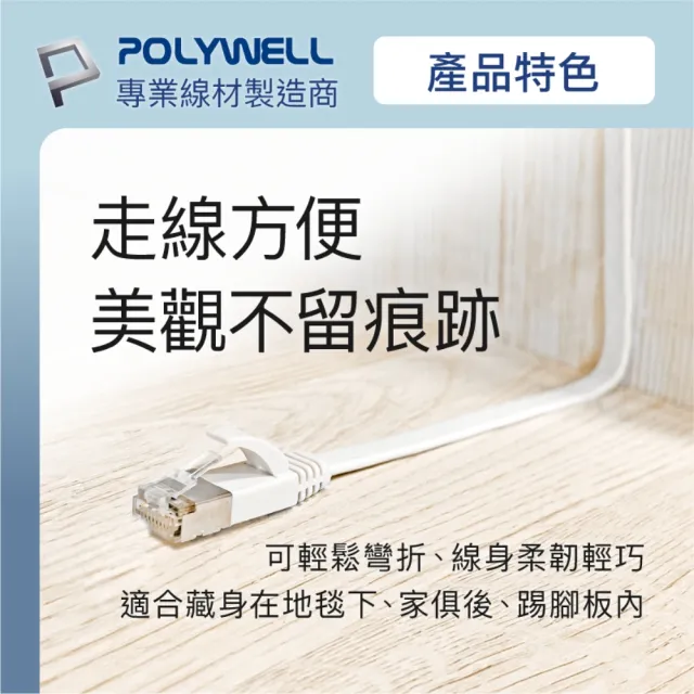 【POLYWELL】CAT6A 高速網路扁線 1M(適合ADSL/MOD/Giga網路交換器/無線路由器)