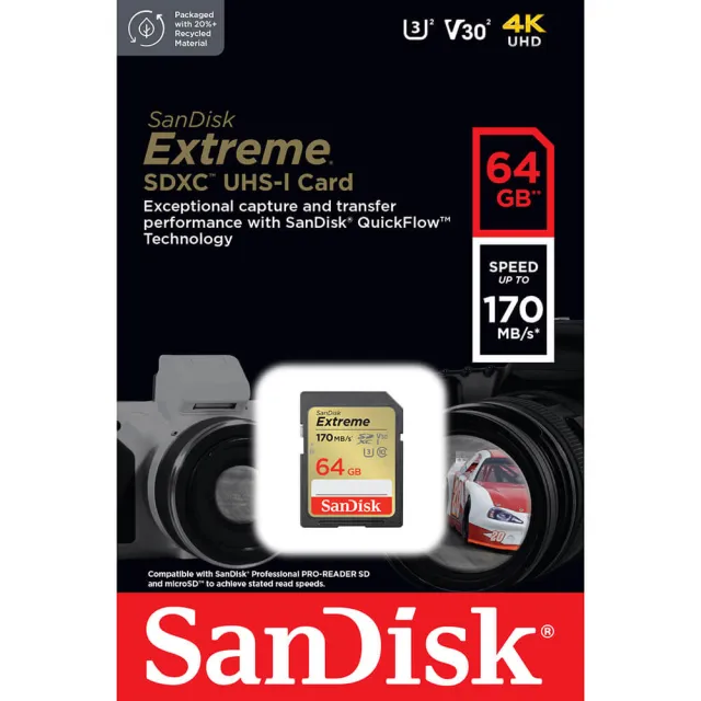 【SanDisk 晟碟】64GB 170MB/s Extreme SDXC SD UHS-I V30 U3 記憶卡(平輸)