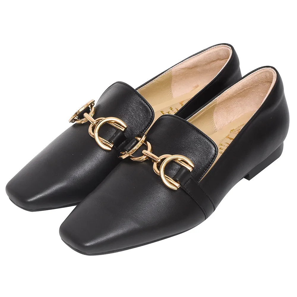 【Ann’S】超柔軟綿羊皮-精品古銅金扣顯瘦小方頭平底鞋(黑)