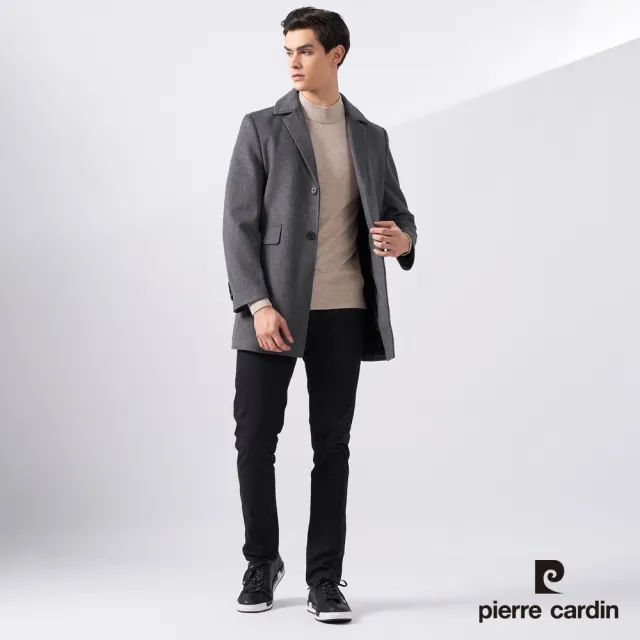 【pierre cardin 皮爾卡登】網路獨家 男款 翻領羊毛尼羽絨大衣外套-灰色(7225732-95)