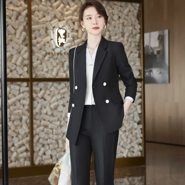 【米蘭精品】現貨+預購 西裝套裝兩件套(雙排扣外套純色長褲女職業西裝2色74ct55)
