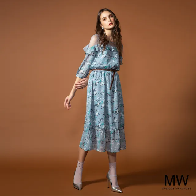 【MAGIQUE WARDROBE】繡花網布拼接荷葉雪紡洋裝(中藍粉)