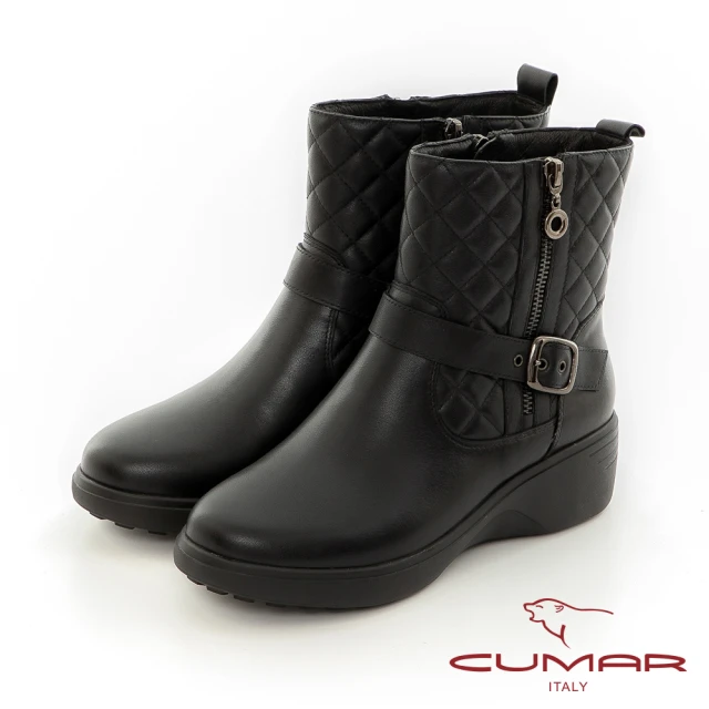 【CUMAR】車格紋舒壓厚底真皮短靴(黑色)