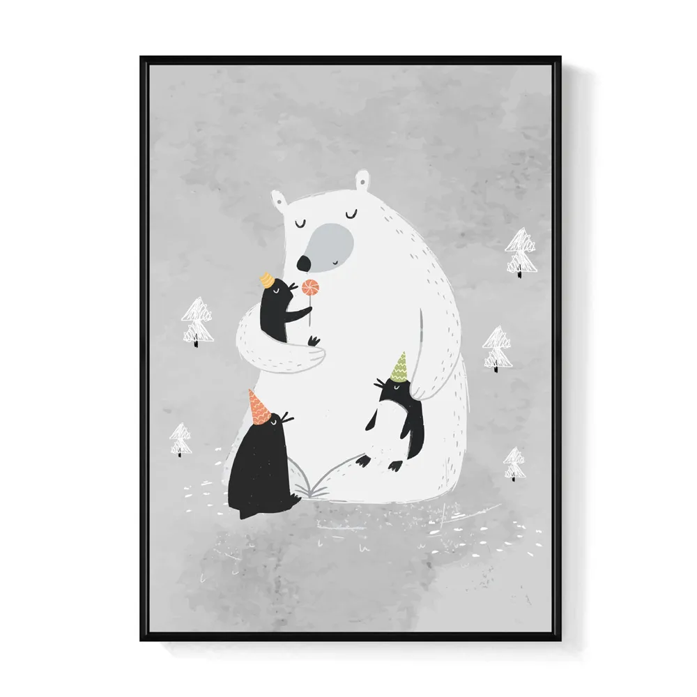 【菠蘿選畫所】來自熊熊的擁抱 - 42x60cm(灰色北極熊企鵝掛畫/聖誕節送禮/兒童臥室掛畫)