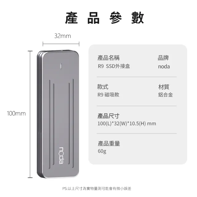 【noda】R9 SSD 外接盒 磁吸後蓋款(支援雙協議 NVMe/SATA)