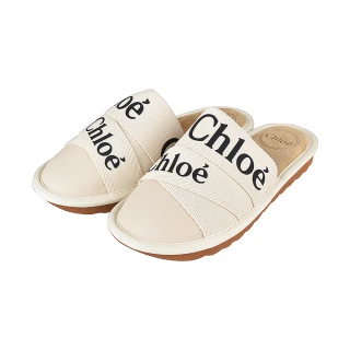 【Chloe’ 蔻依】CHLOE WOODY經典黑字LOGO帆布拚皮革拖鞋(白/黑字)