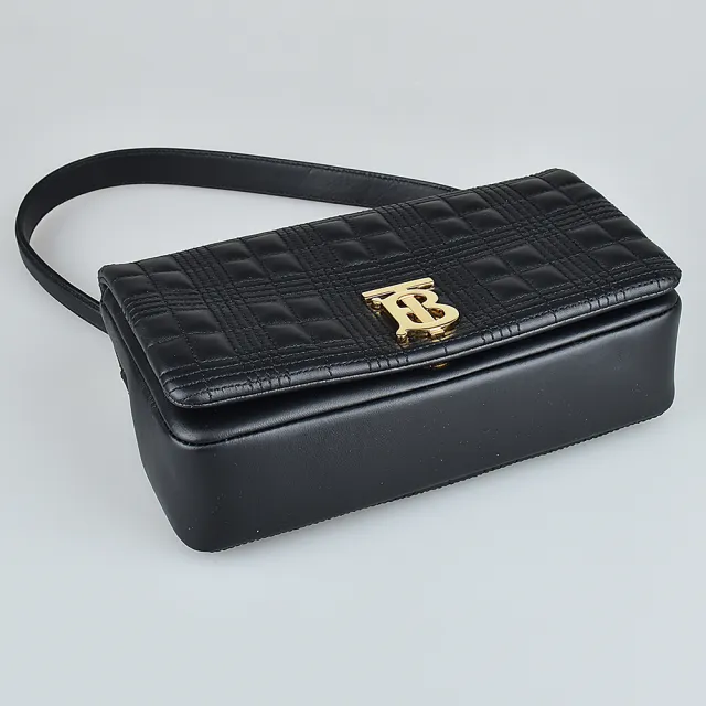 【BURBERRY 巴寶莉】LOLA經典TB格紋羔羊皮鏈帶斜背包(小/黑)