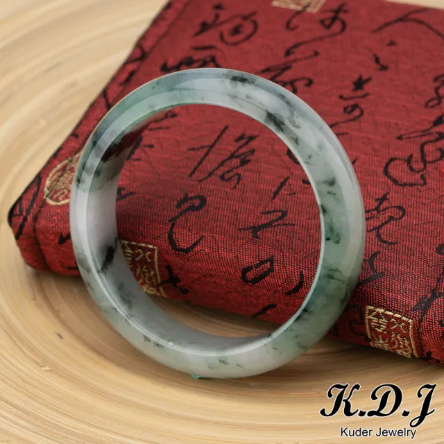 【K.D.J 圓融珠寶】冰糯花青翡翠手鐲玉鐲天然A貨(18.5圍寬版平安鐲)