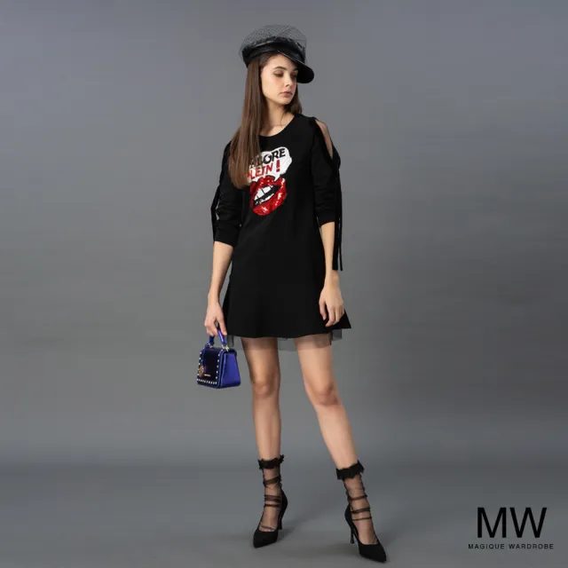 【MAGIQUE WARDROBE】絨布緞帶亮片挖肩洋裝(2色)