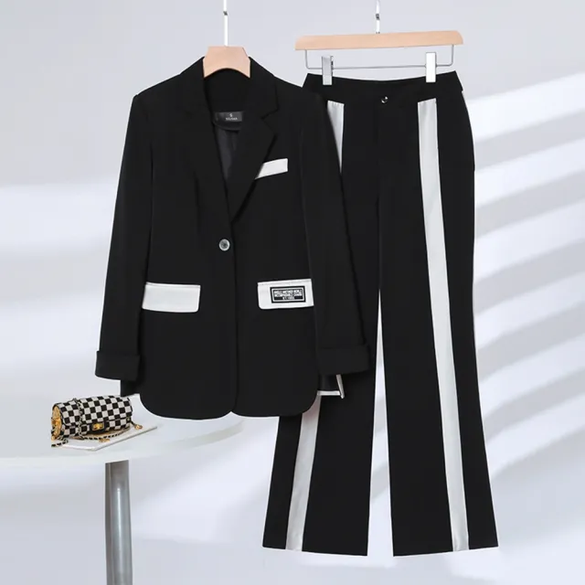 【米蘭精品】現貨+預購 西裝套裝兩件套(撞色條紋外套長褲女職業西裝2色74ct7)