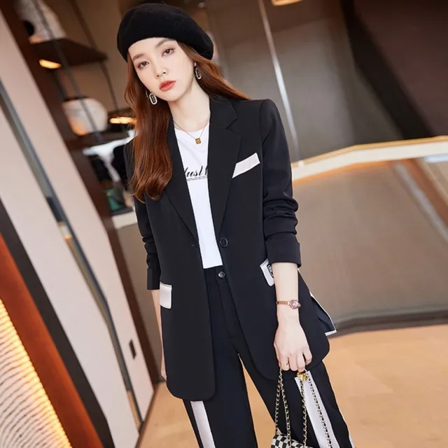 【米蘭精品】現貨+預購 西裝套裝兩件套(撞色條紋外套長褲女職業西裝2色74ct7)
