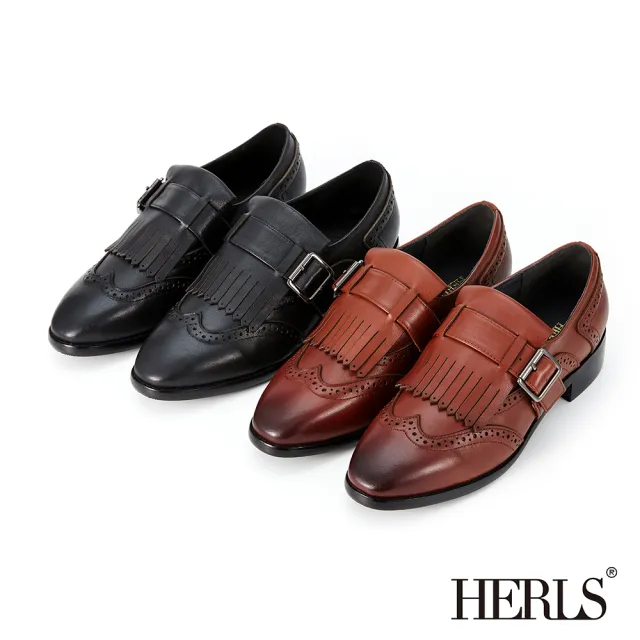 【HERLS】皮鞋-設計款全真皮單釦橫帶睫毛流蘇低跟皮鞋(深棕色)
