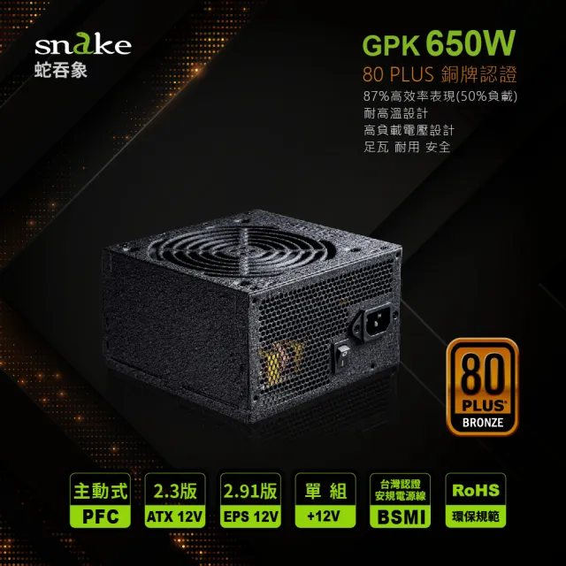 【Snake 蛇吞象】GPK650SP 80Plus 銅牌 雙8 電源供應器(台灣上市工廠製造 安規認證.智慧溫控.終身保修)