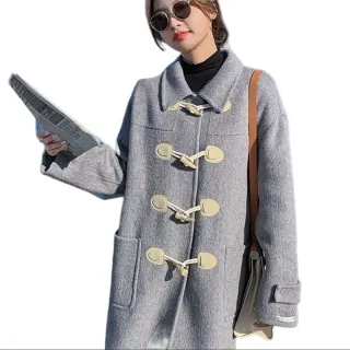 【巴黎精品】毛呢大衣羊毛外套(長款牛角扣寬鬆休閒女外套p1aq53)