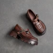 【Vecchio】真皮休閒鞋 粗跟休閒鞋/真皮頭層牛皮幾何復古編織T字釦帶造型粗跟休閒鞋(咖)