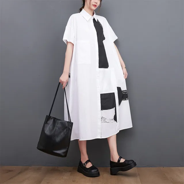 【米蘭精品】現貨+預購 女連身裙棉麻洋裝大尺碼長裙連衣裙A字裙休閒大碼女裝(撞色印花寬鬆女裙子2色74cs8)