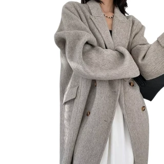 【巴黎精品】毛呢大衣羊毛外套(長版雙排扣寬鬆休閒女外套2色p1aq47)