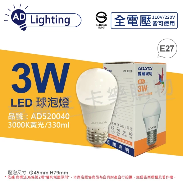 【ADATA 威剛】6入 AL-BUA45C4-3W30 LED 3W 3000K 黃光 E27 全電壓 球泡燈 _ AD520040