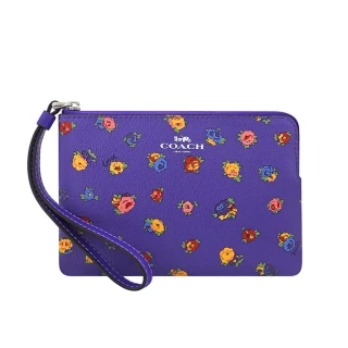 【COACH】玫瑰花圖樣PVC手拿包-紫色(買就送璀璨水晶觸控筆)