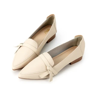 【HERLS】樂福鞋-簡約立體結飾尖頭低跟樂福鞋(米白色)