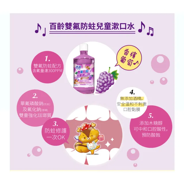 【Smiling 百齡】兒童漱口水500mlX3_香檳葡萄口味+兒童牙膏-草莓+青蘋果+水蜜桃50g*3入組