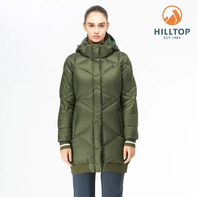 【Hilltop 山頂鳥】女款超潑水長版蓄熱羽絨外套F24FE7墨綠