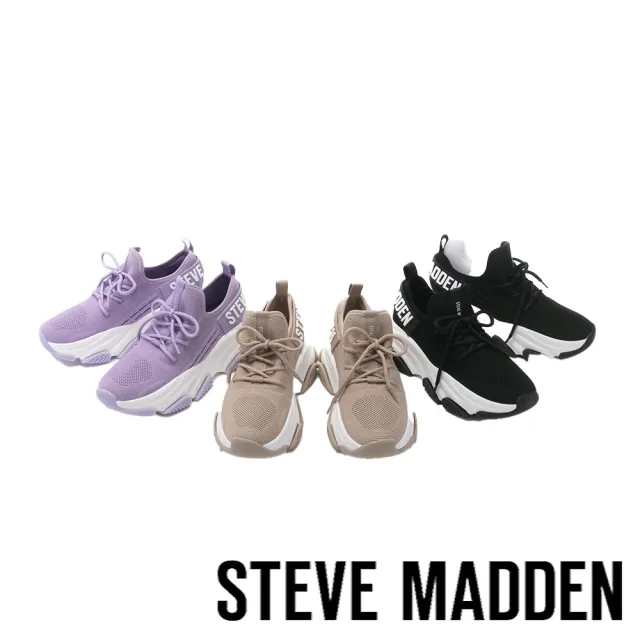 【steve madden】PROTEGE 針織綁帶厚底休閒鞋(黑色)