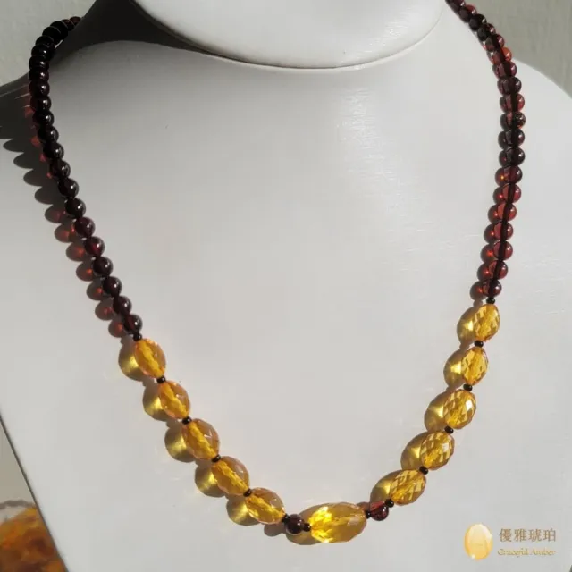 【優雅琥珀】來自波羅地海 鑽面金珀與紅珀圓珠項鍊(鑽面切割之金珀與紅珀圓珠 雙色琥珀項鍊)