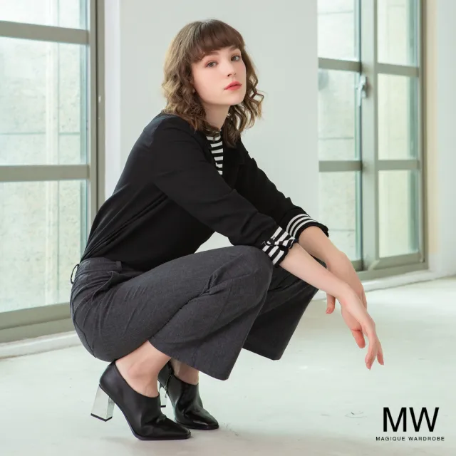 【MAGIQUE WARDROBE】假兩件式荷葉拼接條紋襯衫上衣(2色)